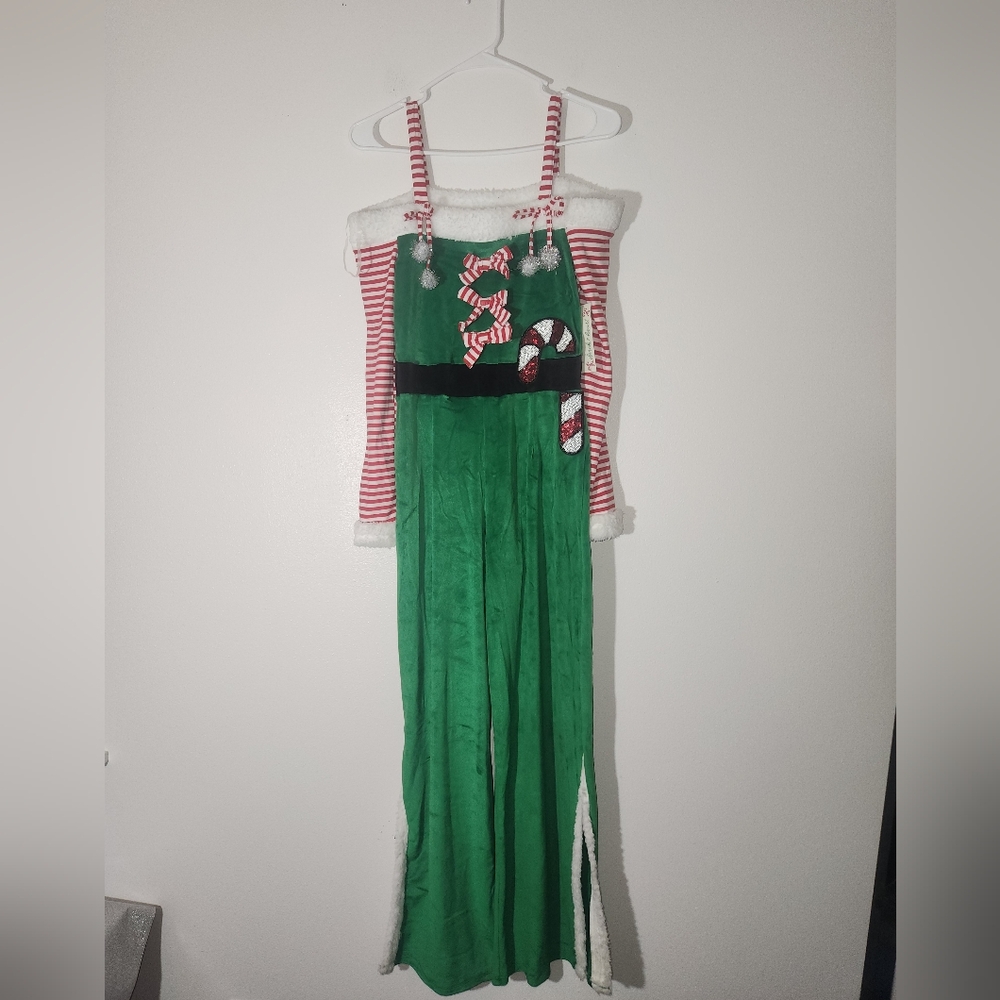 NWT...Women's Derek Heart Festive Striped  Green and Red Jumpsuit